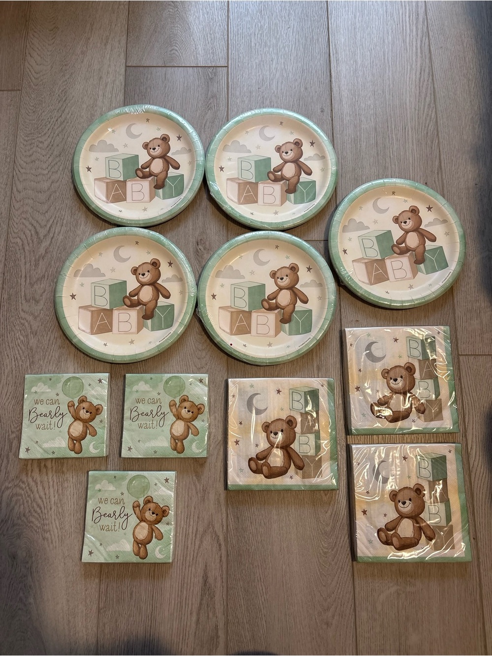 Teddy Bear Baby Shower Paper Plates & Napkins Set - Green